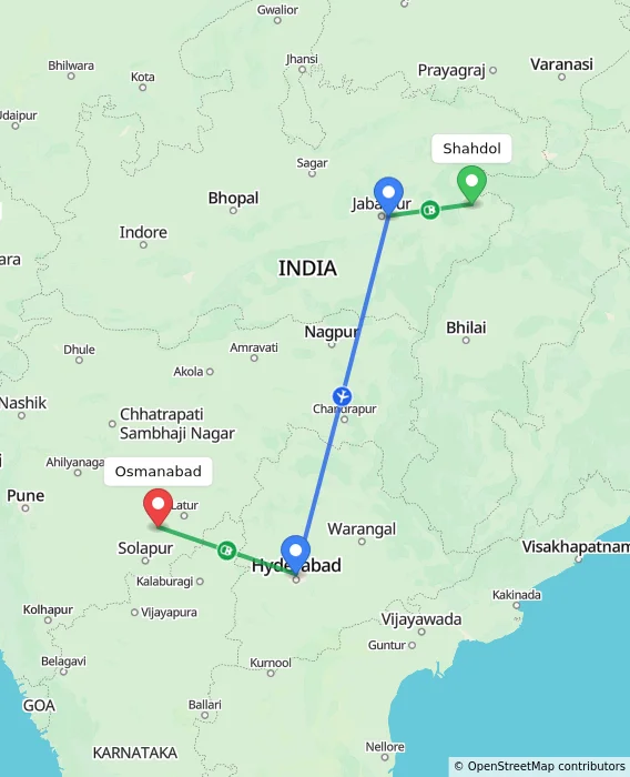 Route map showing distance and travel time from Shahdol, India to Osmanabad, India