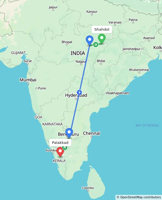 Route map showing distance and travel time from Shahdol, India to Palakkad, India