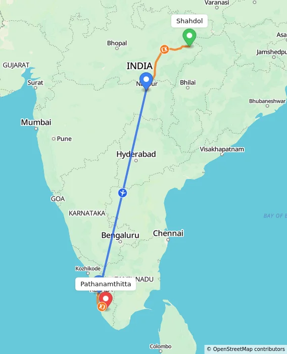 Route map showing distance and travel time from Shahdol, India to Pathanamthitta, India