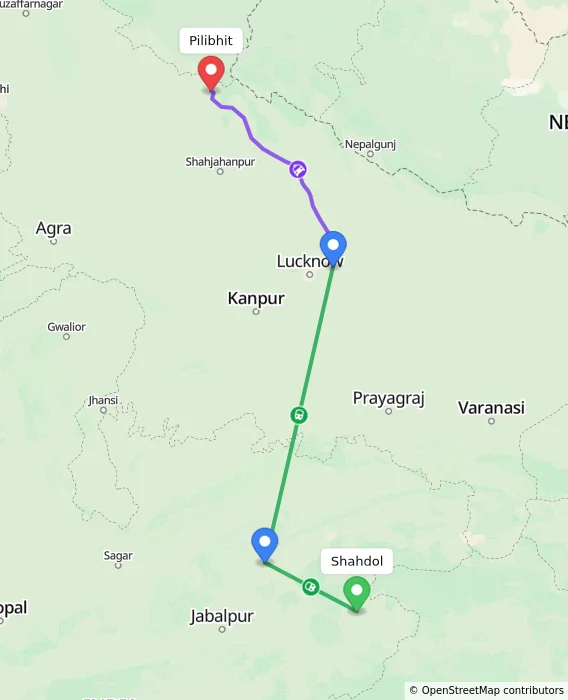 Route map showing distance and travel time from Shahdol, India to Pilibhit, India