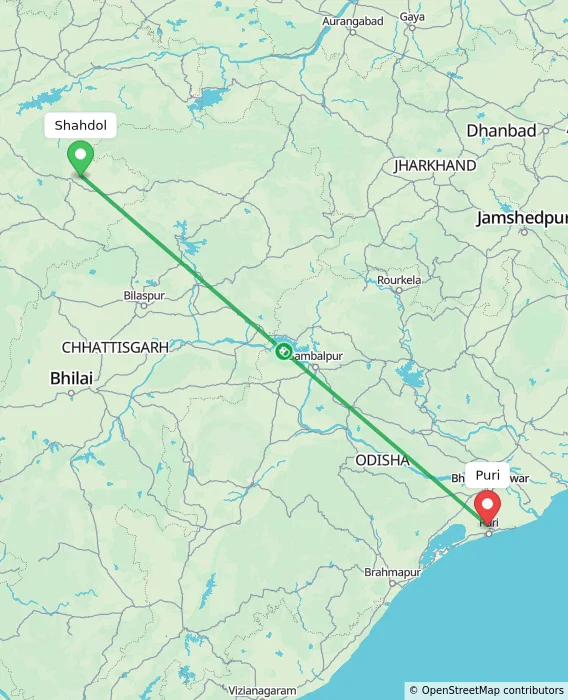 Route map showing distance and travel time from Shahdol, India to Puri, India