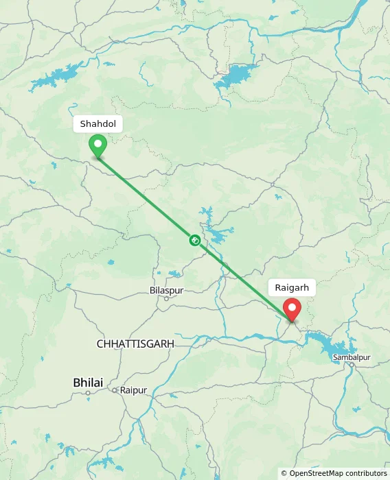 Route map showing distance and travel time from Shahdol, India to Raigarh, India