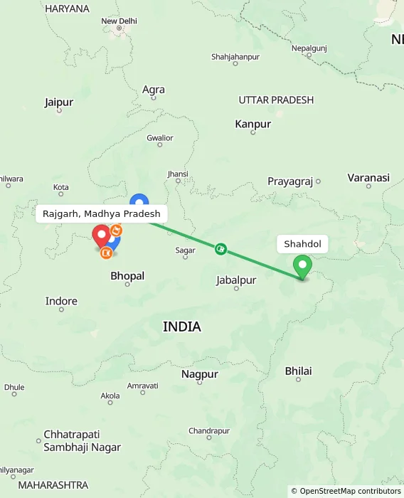 Route map showing distance and travel time from Shahdol, India to Rajgarh, Madhya Pradesh, India
