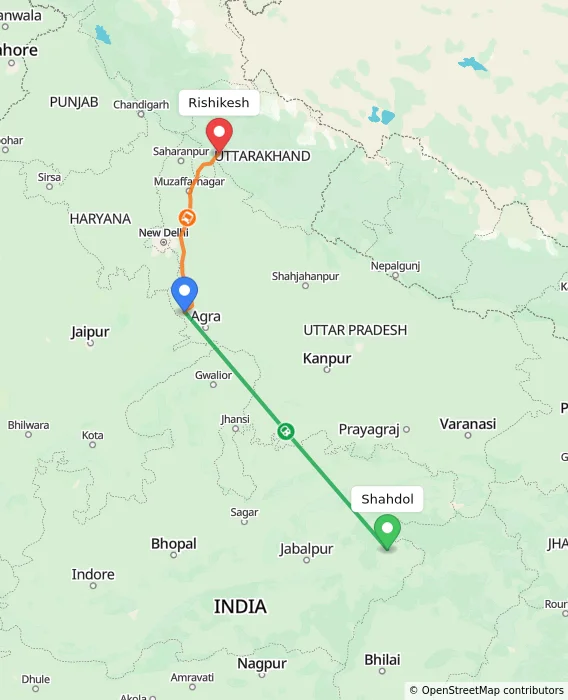 Route map showing distance and travel time from Shahdol, India to Rishikesh, India