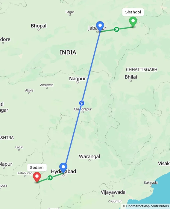 Route map showing distance and travel time from Shahdol, India to Sedam, India