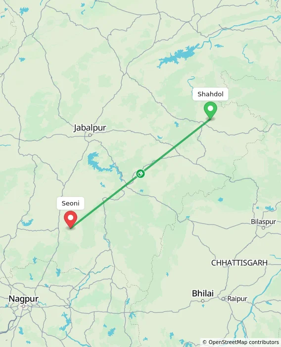 Route map showing distance and travel time from Shahdol, India to Seoni, India