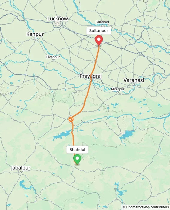 Route map showing distance and travel time from Shahdol, India to Sultanpur, India