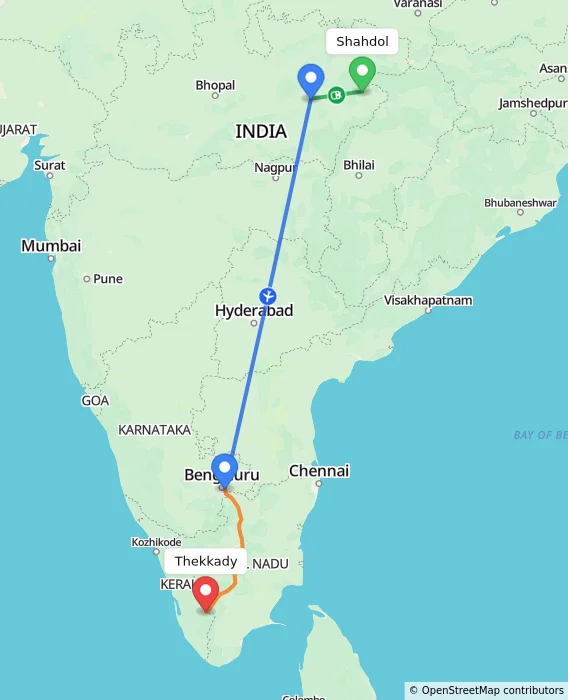 Route map showing distance and travel time from Shahdol, India to Thekkady, India