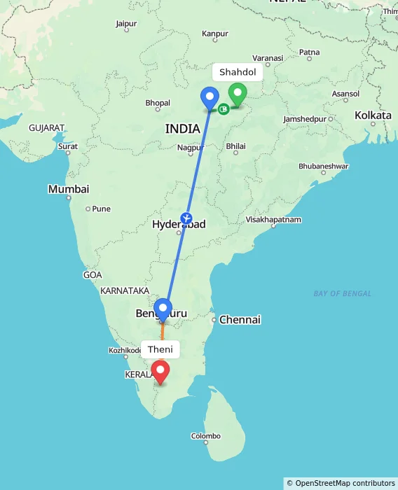 Route map showing distance and travel time from Shahdol, India to Theni, India