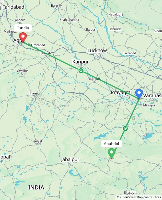 Route map showing distance and travel time from Shahdol, India to Tundla, India