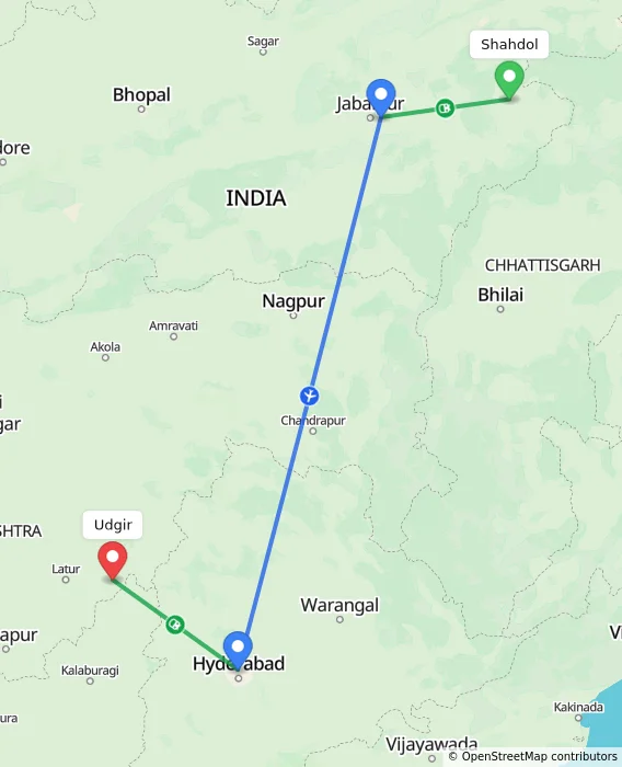 Route map showing distance and travel time from Shahdol, India to Udgir, India