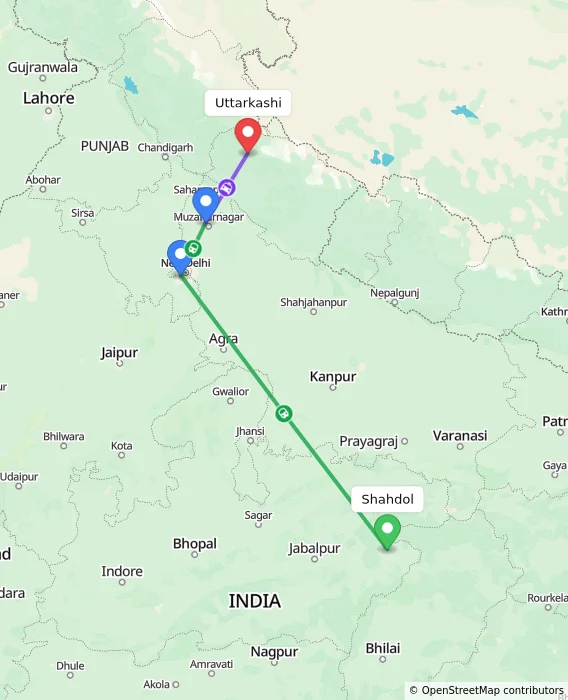 Route map showing distance and travel time from Shahdol, India to Uttarkashi, India