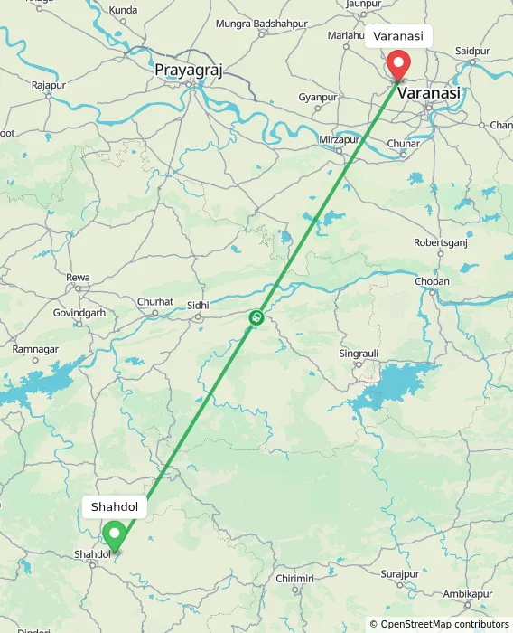 Route map showing distance and travel time from Shahdol, India to Varanasi, India