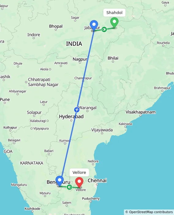 Route map showing distance and travel time from Shahdol, India to Vellore, India