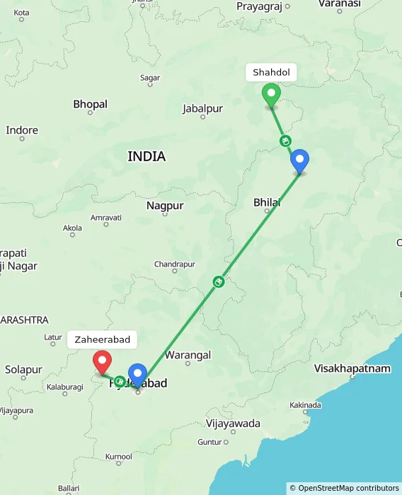 Route map showing distance and travel time from Shahdol, India to Zaheerabad, India