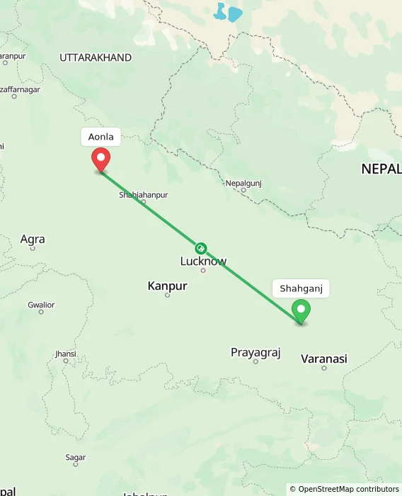 Route map showing distance and travel time from Shahganj, India to Aonla, India