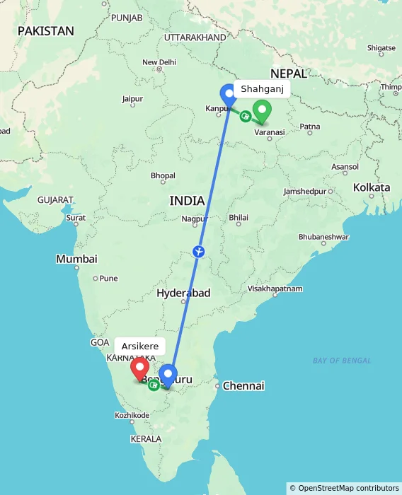 Route map showing distance and travel time from Shahganj, India to Arsikere, India