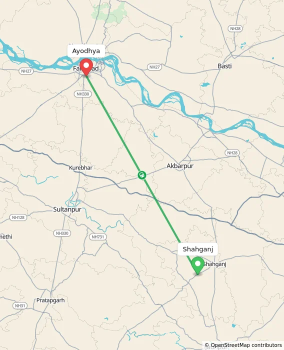 Route map showing distance and travel time from Shahganj, India to Ayodhya, India