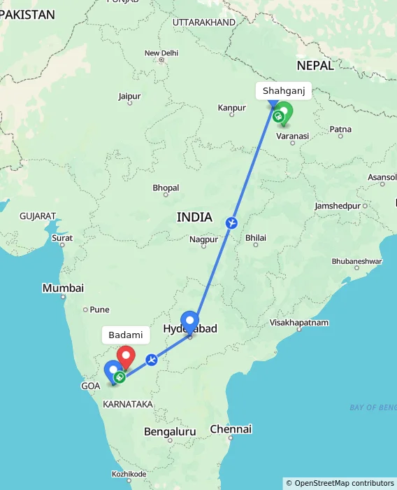 Route map showing distance and travel time from Shahganj, India to Badami, India