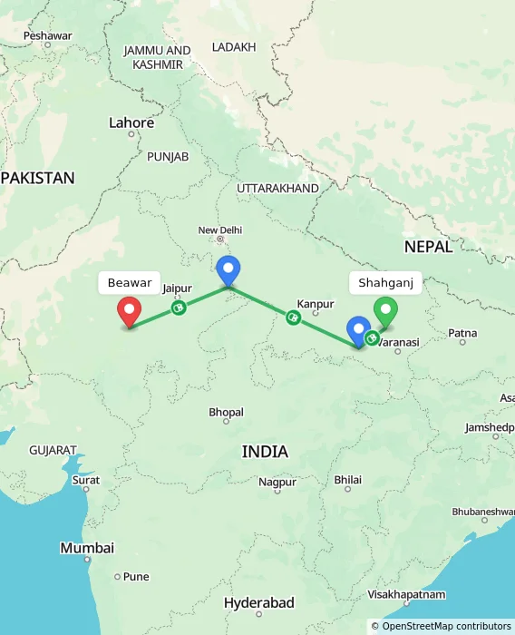 Route map showing distance and travel time from Shahganj, India to Beawar, India