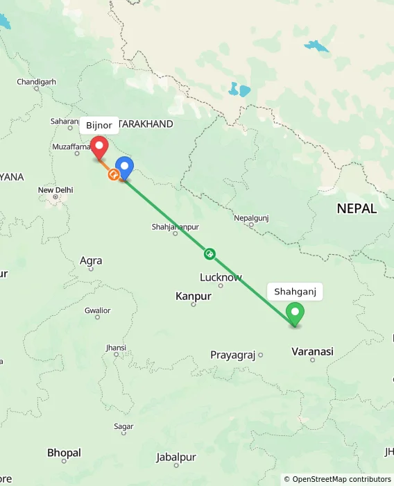 Route map showing distance and travel time from Shahganj, India to Bijnor, India