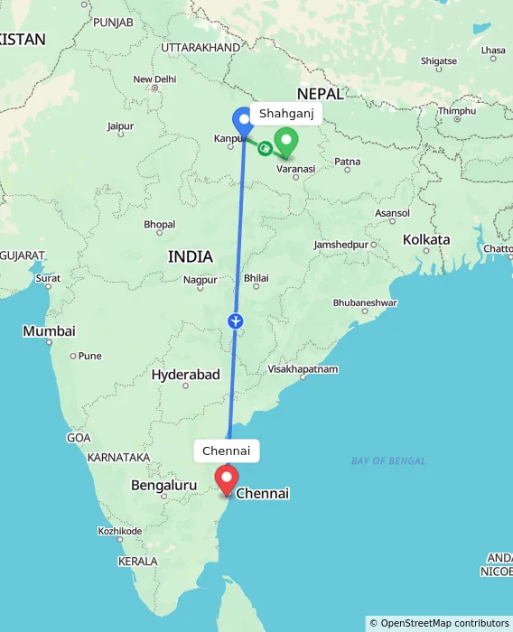 Route map showing distance and travel time from Shahganj, India to Chennai, India