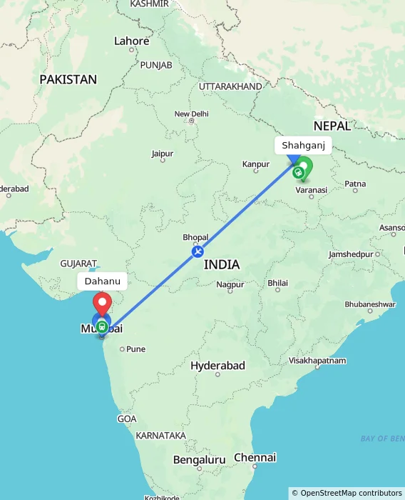 Route map showing distance and travel time from Shahganj, India to Dahanu, India