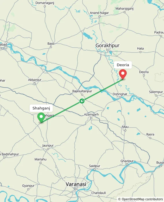 Route map showing distance and travel time from Shahganj, India to Deoria, India