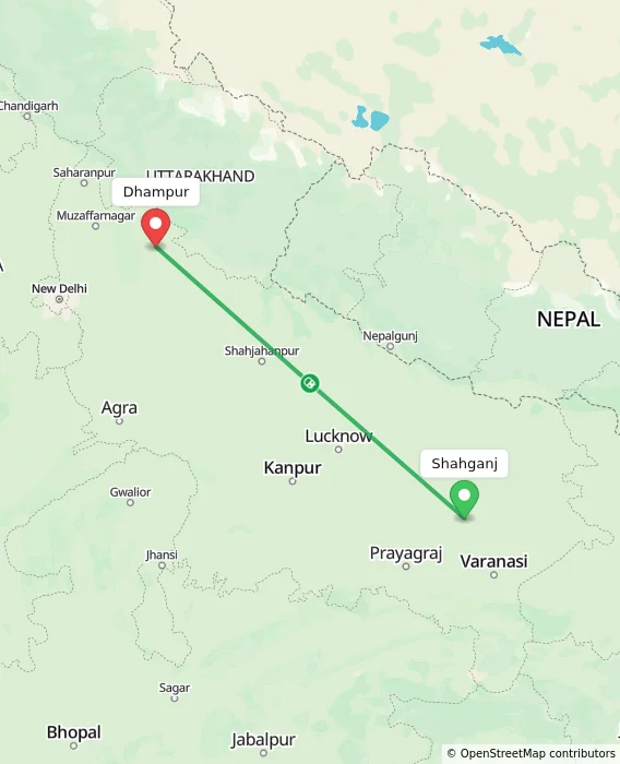 Route map showing distance and travel time from Shahganj, India to Dhampur, India