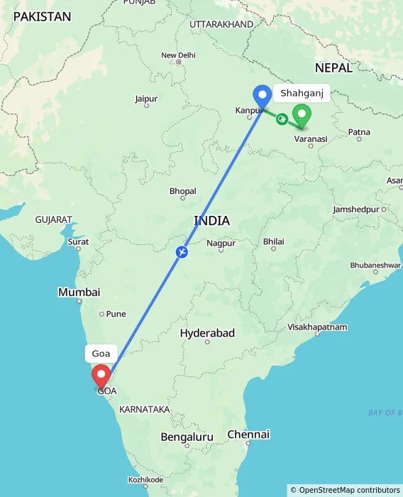 Route map showing distance and travel time from Shahganj, India to Goa, India