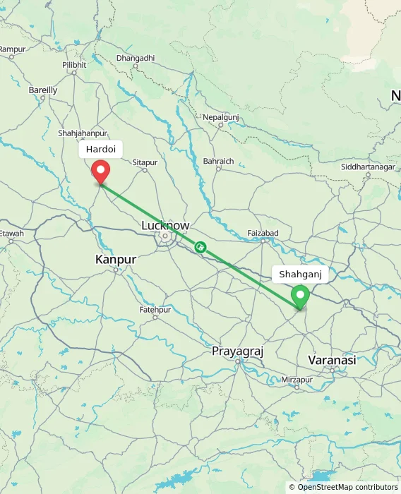 Route map showing distance and travel time from Shahganj, India to Hardoi, India