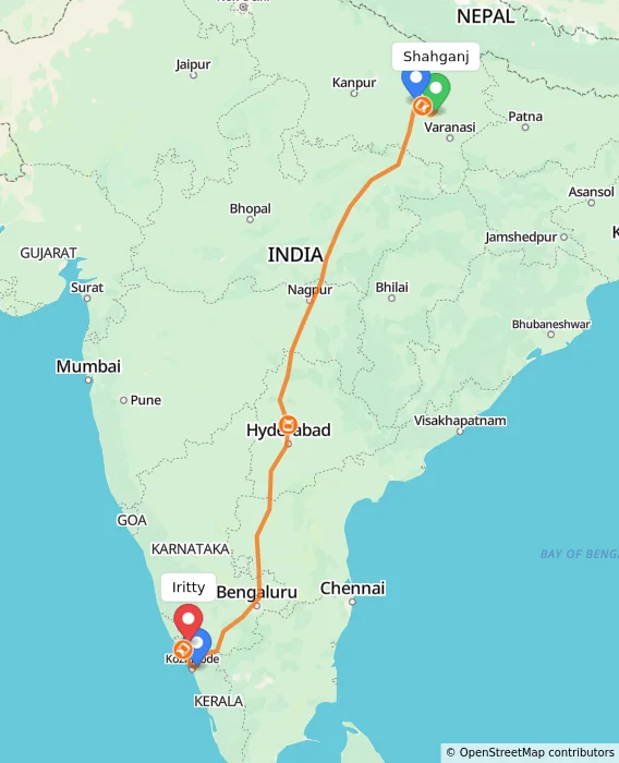 Route map showing distance and travel time from Shahganj, India to Iritty, India