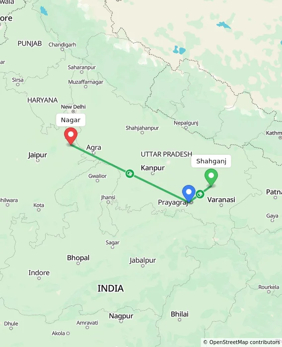 Route map showing distance and travel time from Shahganj, India to Nagar, India