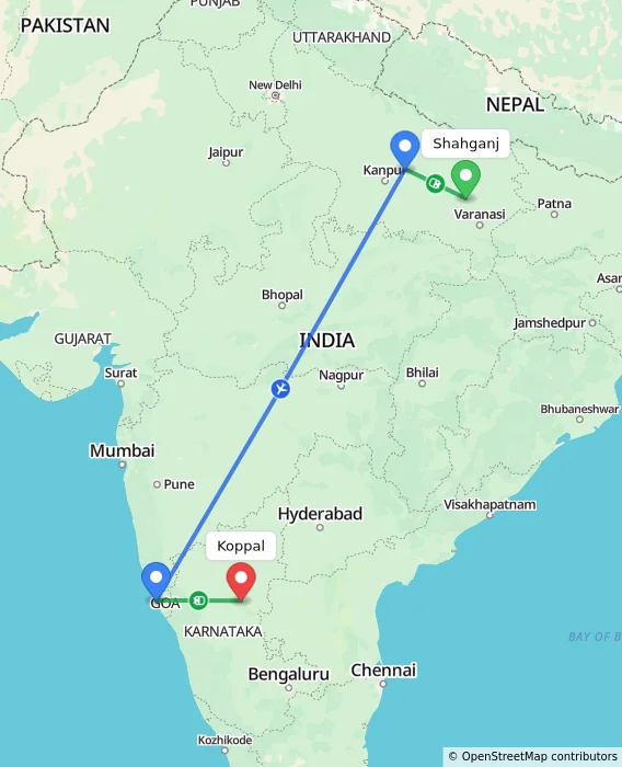 Route map showing distance and travel time from Shahganj, India to Koppal, India
