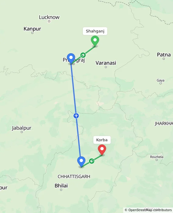 Route map showing distance and travel time from Shahganj, India to Korba, India
