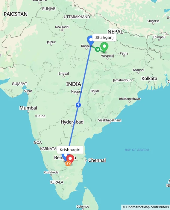 Route map showing distance and travel time from Shahganj, India to Krishnagiri, India