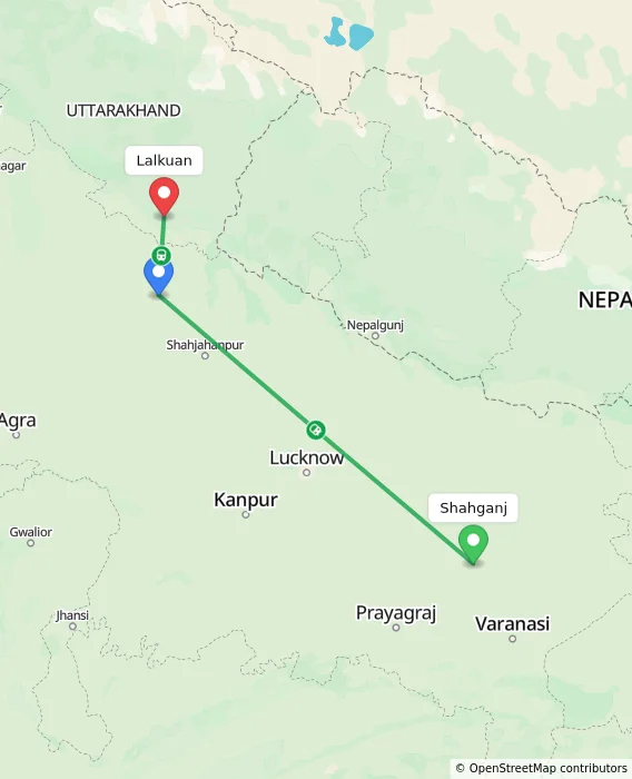 Route map showing distance and travel time from Shahganj, India to Lalkuan, India