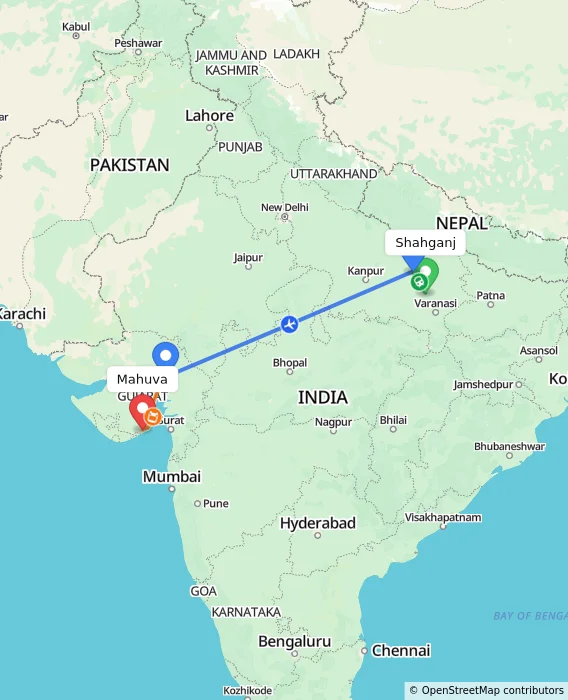 Route map showing distance and travel time from Shahganj, India to Mahuva, India