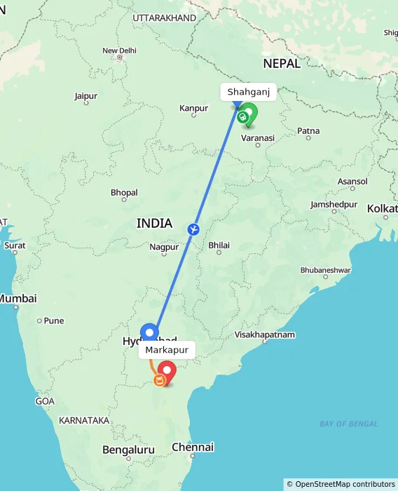 Route map showing distance and travel time from Shahganj, India to Markapur, India