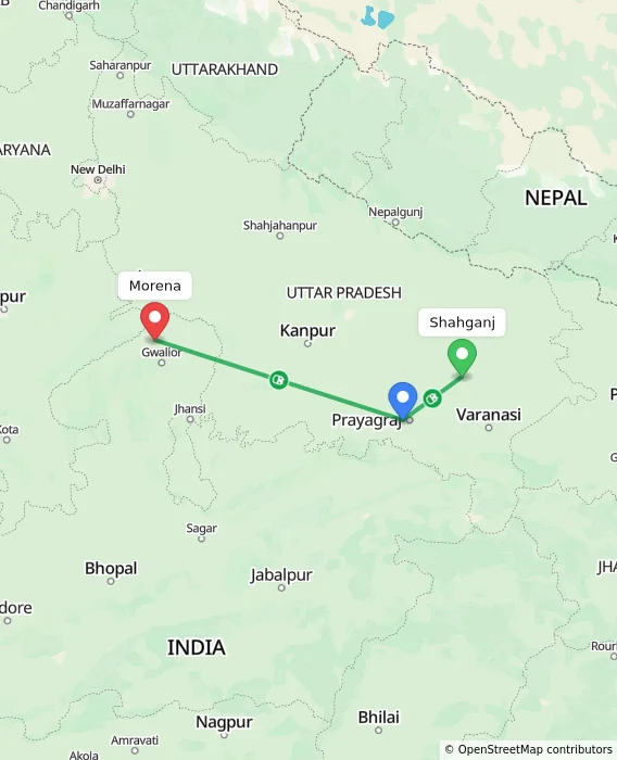 Route map showing distance and travel time from Shahganj, India to Morena, India