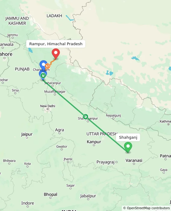 Route map showing distance and travel time from Shahganj, India to Rampur, Himachal Pradesh, India