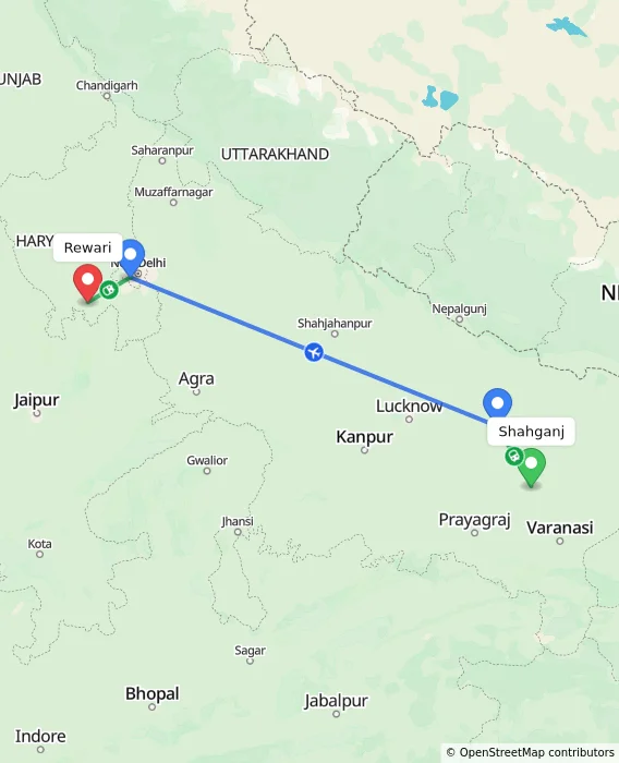 Route map showing distance and travel time from Shahganj, India to Rewari, India