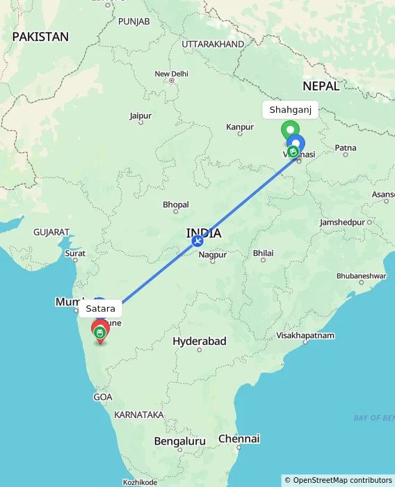 Route map showing distance and travel time from Shahganj, India to Satara, India