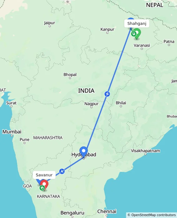 Route map showing distance and travel time from Shahganj, India to Savanur, India