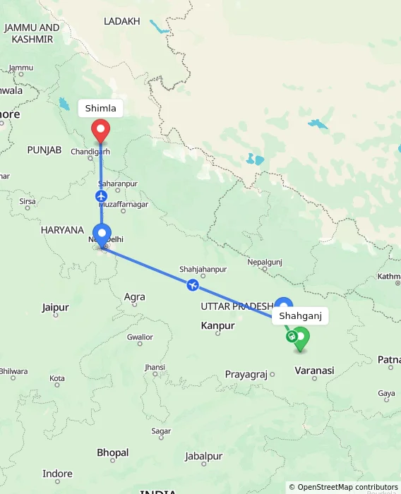 Route map showing distance and travel time from Shahganj, India to Shimla, India