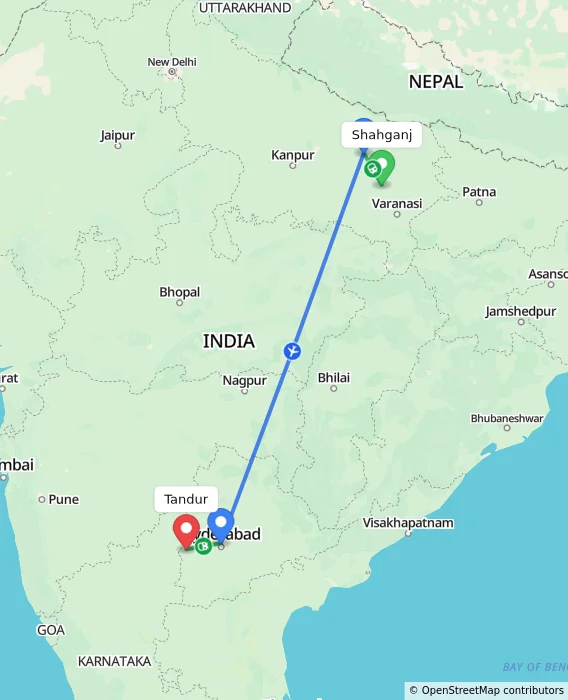 Route map showing distance and travel time from Shahganj, India to Tandur, India