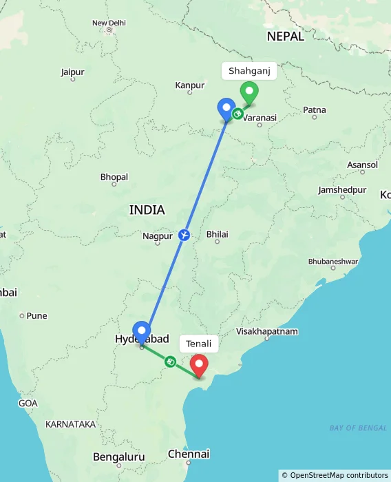 Route map showing distance and travel time from Shahganj, India to Tenali, India