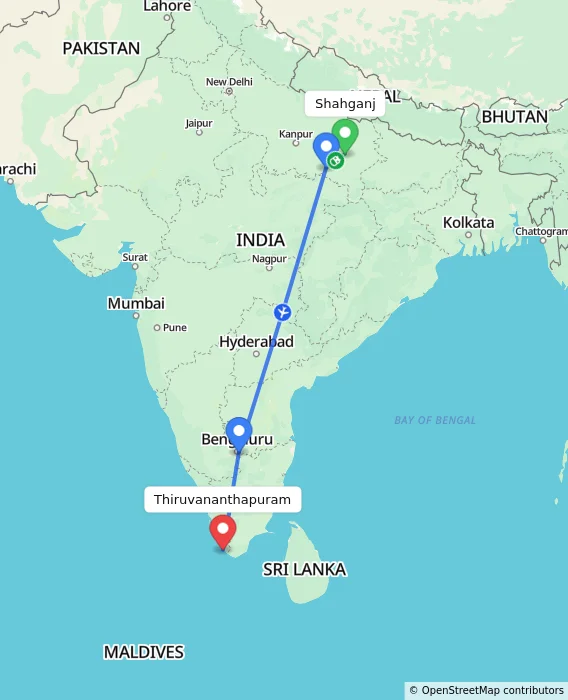 Route map showing distance and travel time from Shahganj, India to Thiruvananthapuram, India