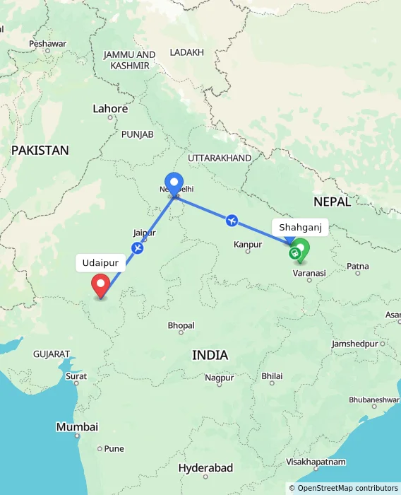 Route map showing distance and travel time from Shahganj, India to Udaipur, India