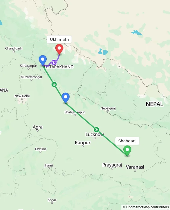 Route map showing distance and travel time from Shahganj, India to Ukhimath, India